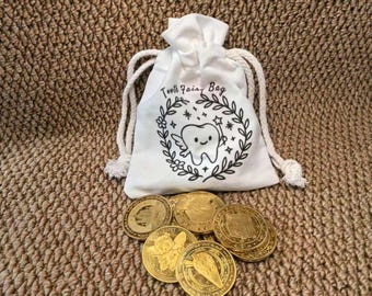 Tooth Fairy Coin Set - 20 Gold Coin and Tooth Fairy Drawstring Bag(Optional Pattern) - Reward for Every Lost Tooth - Tooth Fairy Gifts