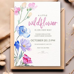 Invito digitale per baby shower con fiori selvatici, invito per festeggiamento neonato in stile boho, biglietto d'invito modificabile con Canva per neonato, download immediato, piccolo