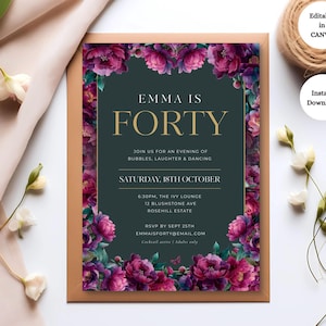 Editable Elegant 40th Birthday Invitation for Her | Classy And Luxury Burgundy Floral Party Invite | Peony Canva Template | Digital Download