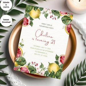 Citrus-Inspired Birthday Invitation | Lemon Grapefruit Party Invite Canva Template | Editable Fruit Design | Instant Download Summer Invite