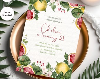 Invitación de cumpleaños con limón: Fiesta floral cítrica, plantilla editable de Canva (descarga digital de 13 x 18 cm)