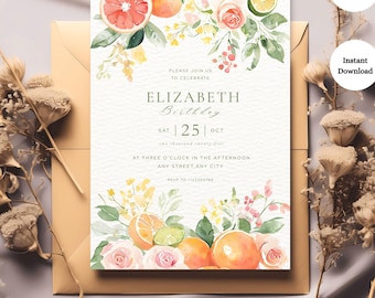 Citrus Birthday Invite Template, Lemon Party Invitation, Printable Anniversary Dinner, Download, Grapefruit, Tropical Citrus and Flowers
