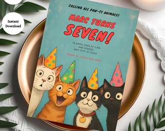 May include: A birthday invitation with a blue background and the text "MARC TURNS SEVEN!" Four cartoon cats wearing party hats are featured. The invitation includes the date, time, and RSVP information. The words "Editable in CANVA" and "Instant Download" are also present.