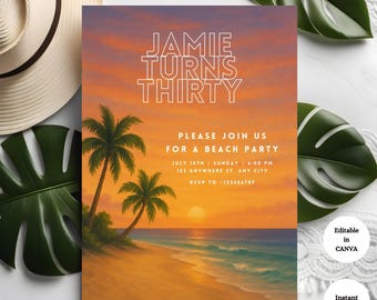 Invito di compleanno con tramonto tropicale sulla spiaggia, invito per festa in spiaggia, modello Canva modificabile (download immediato)