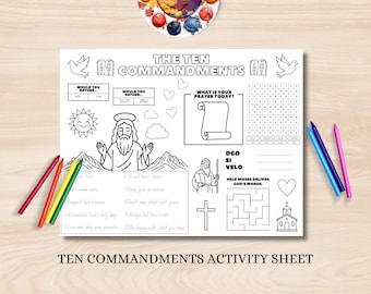 Ten Commandments Coloring Activity | Kids Bible Worksheet Printable | Christian Sunday School | Church Activity Page