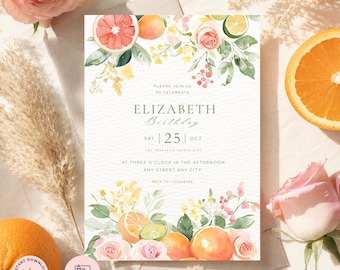 Citrus Birthday Invite Template, Lemon Party Invitation, Printable Anniversary Dinner, Download, Grapefruit, Tropical Citrus and Flowers
