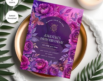 Purple Floral Birthday Invitation, Dark Flowers Birthday invite, Editable Canva Template (Instant Download)