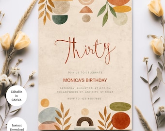 Invitación de cumpleaños bohemia moderna: Diseño abstracto en terracota (Plantilla de Canva - Descarga digital)