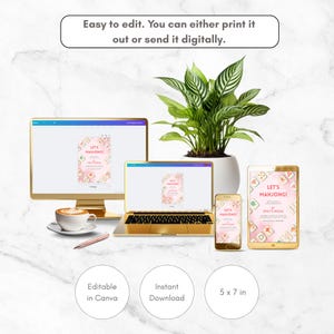May include: A digital invitation design for a Mahjong game night, displayed on a desktop computer, laptop, tablet, and smartphone. The invitation features a pink floral design with the text "Let's Mahjong!" and is 5 x 7 inches.