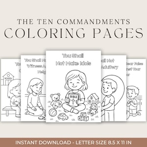 Könnte beinhalten: Eine Reihe von Ausmalbildern mit dem Titel "THE TEN COMMANDMENTS COLORING PAGES". Jede Seite zeigt eine Illustration von Kindern und einem Gebot. Die Seiten haben das Format Letter, 21,6 x 27,9 cm.