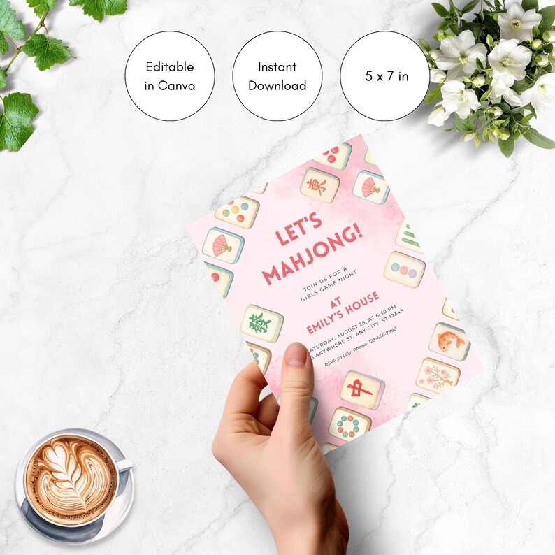 May include: A pink invitation card for a Mahjong game night, held at Emily's house. The card is 5 x 7 inches and features Mahjong tiles and the text "Let's Mahjong!" The invitation is editable in Canva and available for instant download.