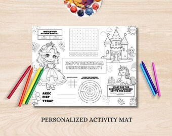 Pagina da colorare personalizzata per il compleanno della principessa: tovaglietta con attività (download digitale)