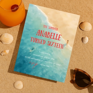 The Summer I Turned Pretty Inspired Birthday Invitation, Beach Theme Invite, Editable Summer Party Evite, Coastal Teen Girl or Boy Birthday