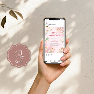 May include: A smartphone displays a pink invitation with the text "Let's Mahjong!" and details for an event at Emily's House. A mauve-colored, scalloped sticker with a paper airplane icon and the word "Send" is in the lower left.