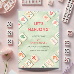 Inbjudan till grönt Mahjong-spel | Utskrivbar inbjudan till spelkväll | Redigerbar Canvas-mall | Digital festinbjudan | Direktnedladdning