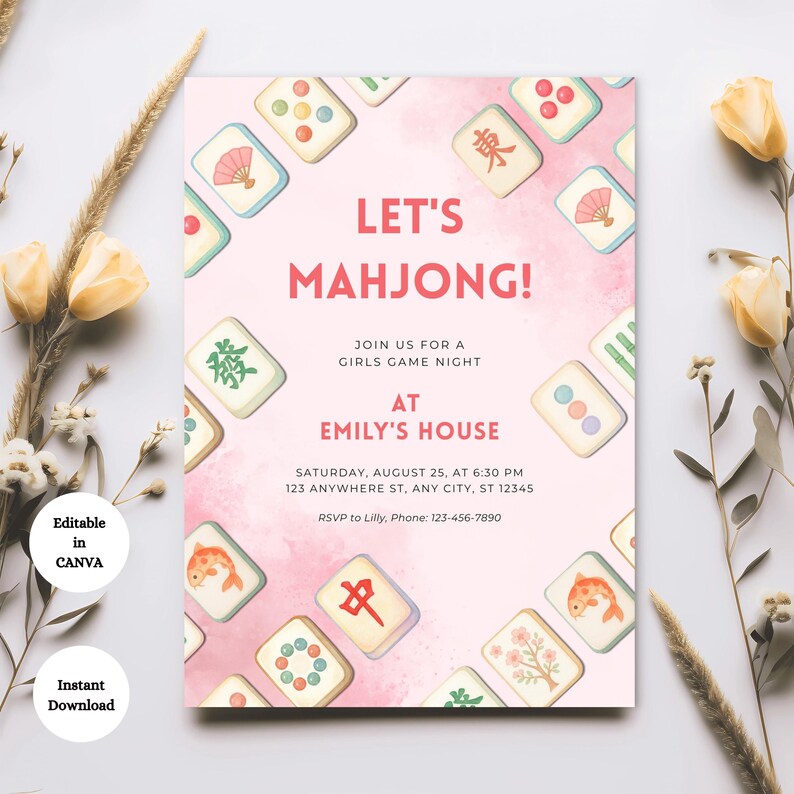May include: Pink invitation with the text "LET'S MAHJONG!" and details for a girls game night at Emily's house. The invitation includes Mahjong tiles and floral accents. The invitation is editable in Canva and available for instant download.