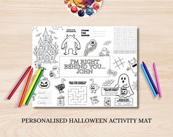 Personlig Halloween-aktivitetsmatta: Spöklika målarbilder för barn, Bus eller godis-spel, namnbytesunderlägg (redigerbar i Canva)