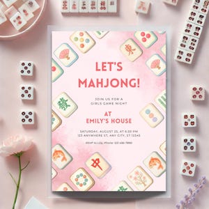 Inbjudan till rosa Mahjong-spelkväll | Utskrivbar tjejkväll Evite | Redigerbar Canvas-mall | Digital Mahjong-festinbjudan | Direktnedladdning