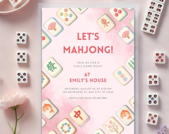 Roze uitnodiging voor mahjong-spelavond | Afdrukbare Evite Girls Night | Bewerkbare canvassjabloon | Digitale mahjong-feestuitnodiging | Direct downloaden