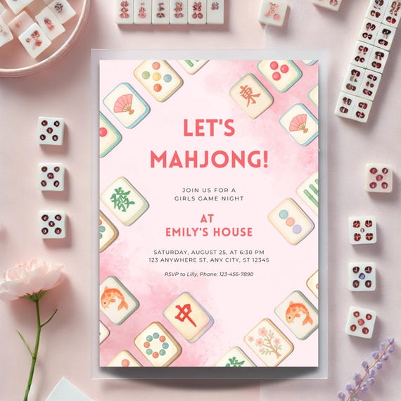 Pink Mahjong Game Night Invitation | Girls Night Printable Evite | Editable Canva Template | Digital Mahjong Party Invite | Instant Download