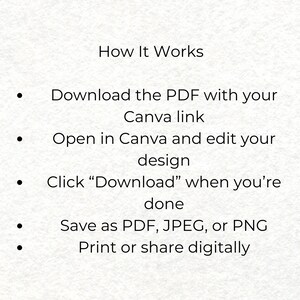 May include: White background with black text that reads "How It Works." Instructions include downloading a PDF with a Canva link, editing the design, and saving as PDF, JPEG, or PNG. The final step is to print or share digitally.