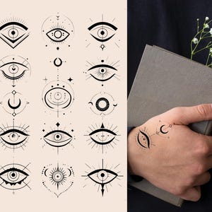 Mystic Eye Tattoo Design PNG: Geometric Moon Line Art (Digital Download)