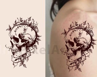 Floral Skull Tattoo Design: Gothic Botanical Line Art (digital