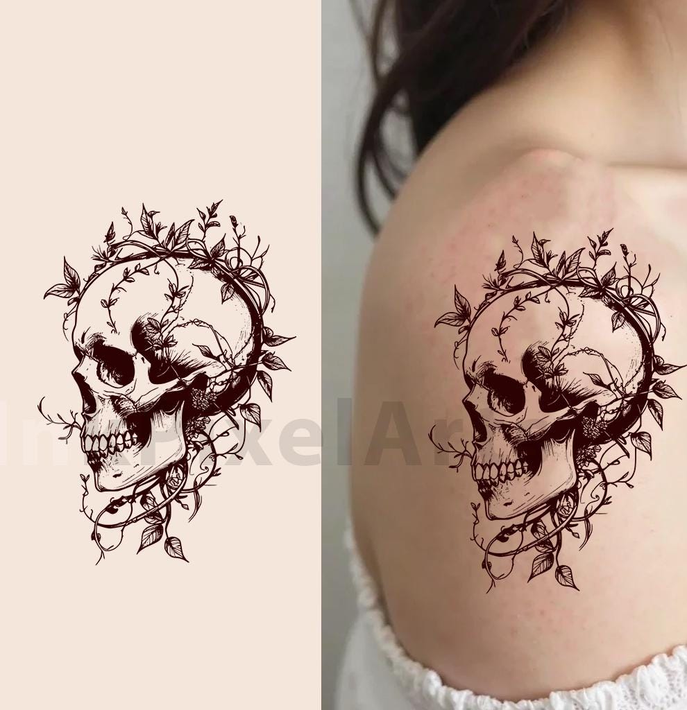 Floral Skull Tattoo Design: Gothic Botanical Line Art (digital