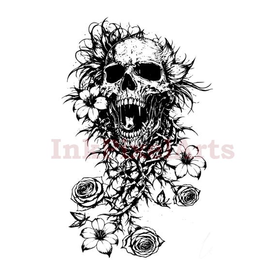 Gothic Skull Floral Tattoo Design | Blackwork Rose Linework