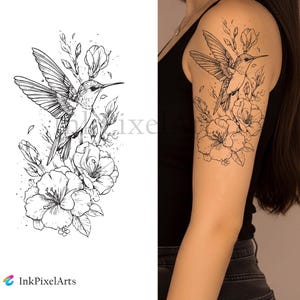 May include: Black and white hummingbird tattoo design with floral elements. The design features a hummingbird with outstretched wings, surrounded by flowers and leaves. The InkPixelArts logo is at the bottom.