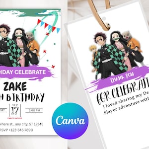 Cartão de aniversário e etiqueta de presente editáveis do Demon Slayer – Modelo Canva para crianças, adolescentes e fãs de anime – Acesso digital instantâneo