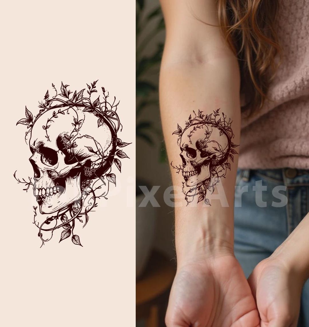 Floral Skull Tattoo Design: Gothic Botanical Line Art (digital
