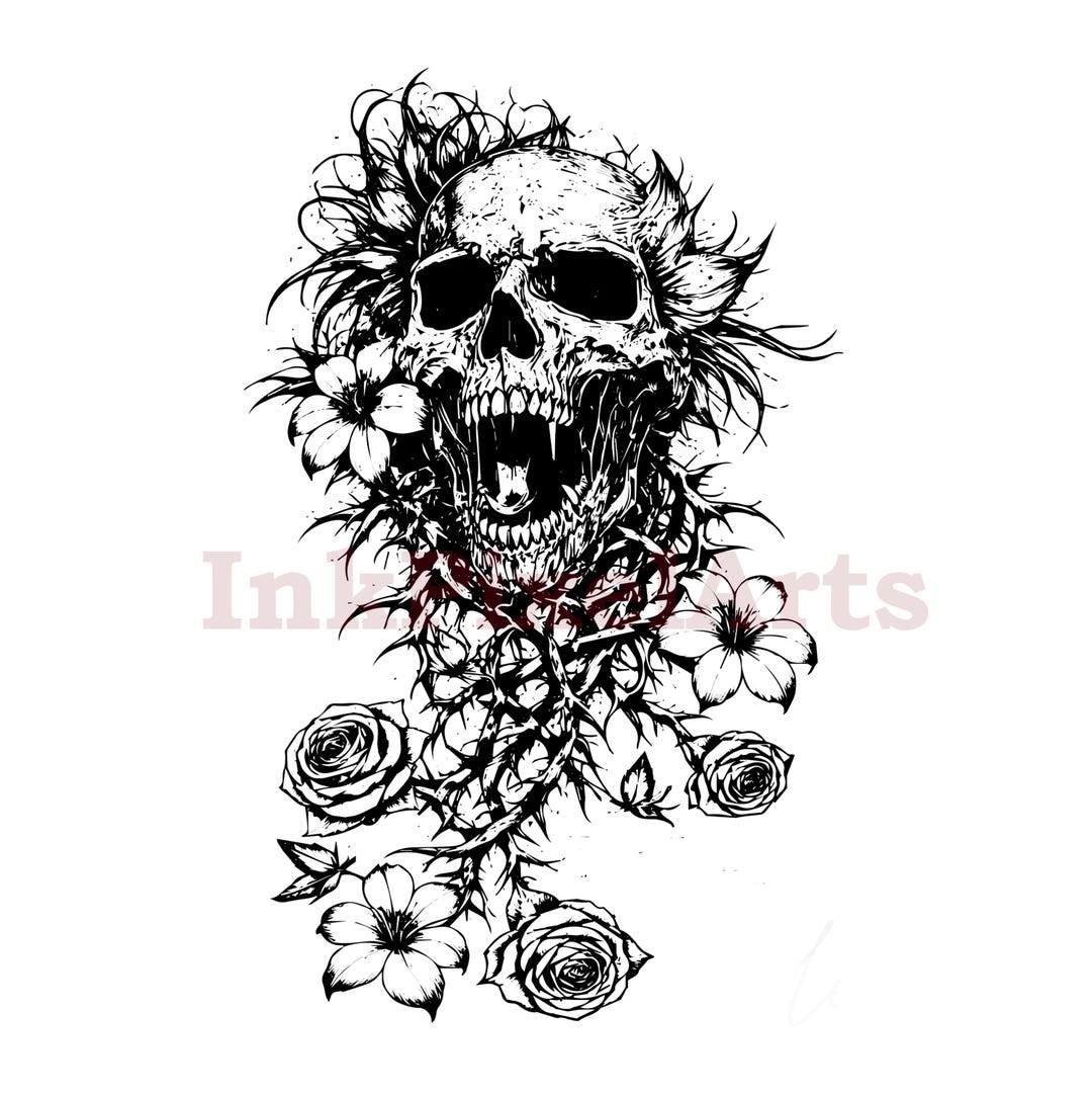 Gothic Skull Floral Tattoo Design | Blackwork Rose Linework Stencil ...