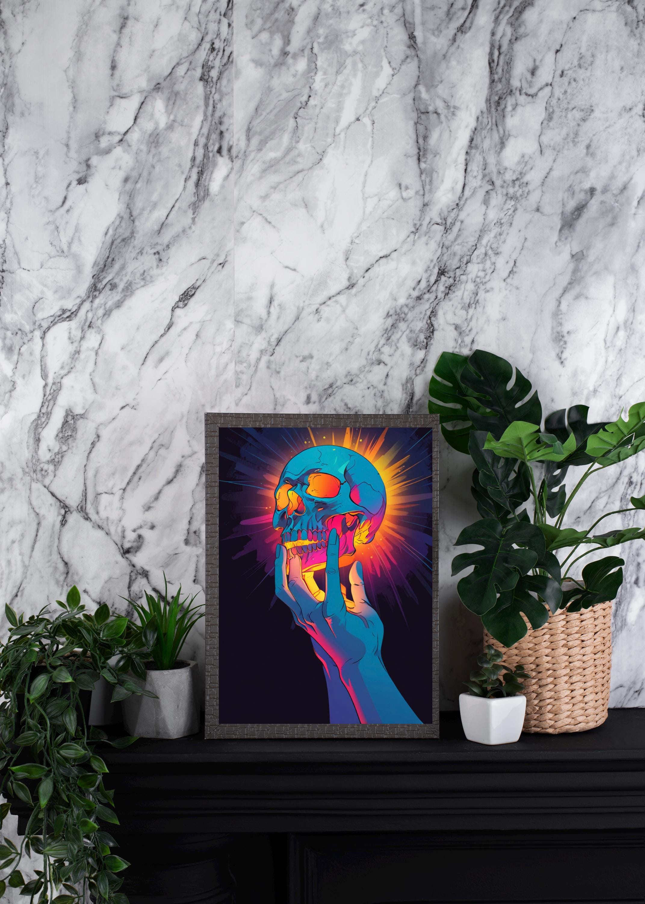 Neon Skull Art Print Set: Gothic Psychedelic Decor (digital