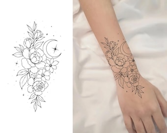 花柄三日月タトゥーデザイン：植物画（デジタルダウンロード）