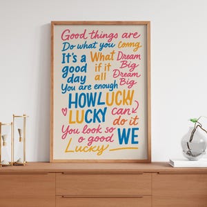 How Lucky Are We Quote Print: Navy Blue, Pink Retro Wall Art (Digital Download)