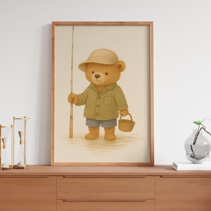 Teddy Bear Fishing Nursery Decor  Kids Room Wall Art Gone Fishing Nursery Print, Cute Kids Room Fishing Theme Fisherman Digital Download