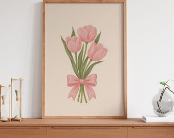 Pink Tulips Bouquet Wall Art Girly Y2K Aesthetic Decor Blush Bow Digital Instant Download for Room Dorm Decor