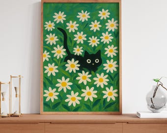 Cat Wall Art Cute Animal Pop Illustration Black Cat in Daisies Meadow Poster Home Decor Gift for Animal Lover