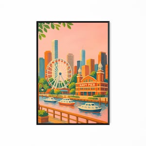 Retro Chicago Art Poster Wall Art Soft Pink Chicago Skyline Travel Poster Dorm Decor Gift USA City Landscape