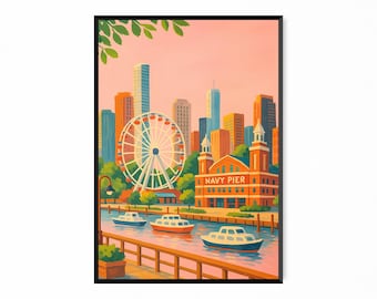 Retro Chicago Skyline Art Print: Soft Pink Travel Poster (Digital Download)