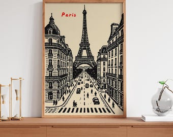 May include: Black and white illustration of the Eiffel Tower in Paris, France. The tower is in the center of the image, with buildings on either side. The buildings are drawn in a simple style, with windows and doors. The street is lined with trees and there are people walking on the sidewalk. The text "Paris" is written in red at the top of the image.