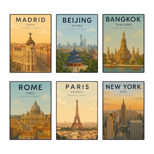 Póster de viaje digital de paisaje urbano, diseño retro, imprimible, para amantes de los viajes.