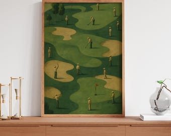 Tiny Golfers Art Poster Vintage Minimalista Verde Astratto Decorazione da parete del campo da golf Poster Decorazione per la tana dell'uomo del golf Download digitale