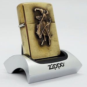 Vintage 1994 Marlboro Country Store Solid Brass Zippo – Bucking Bronco Cowboy Design – In Original Custom Marlboro Country Store Box