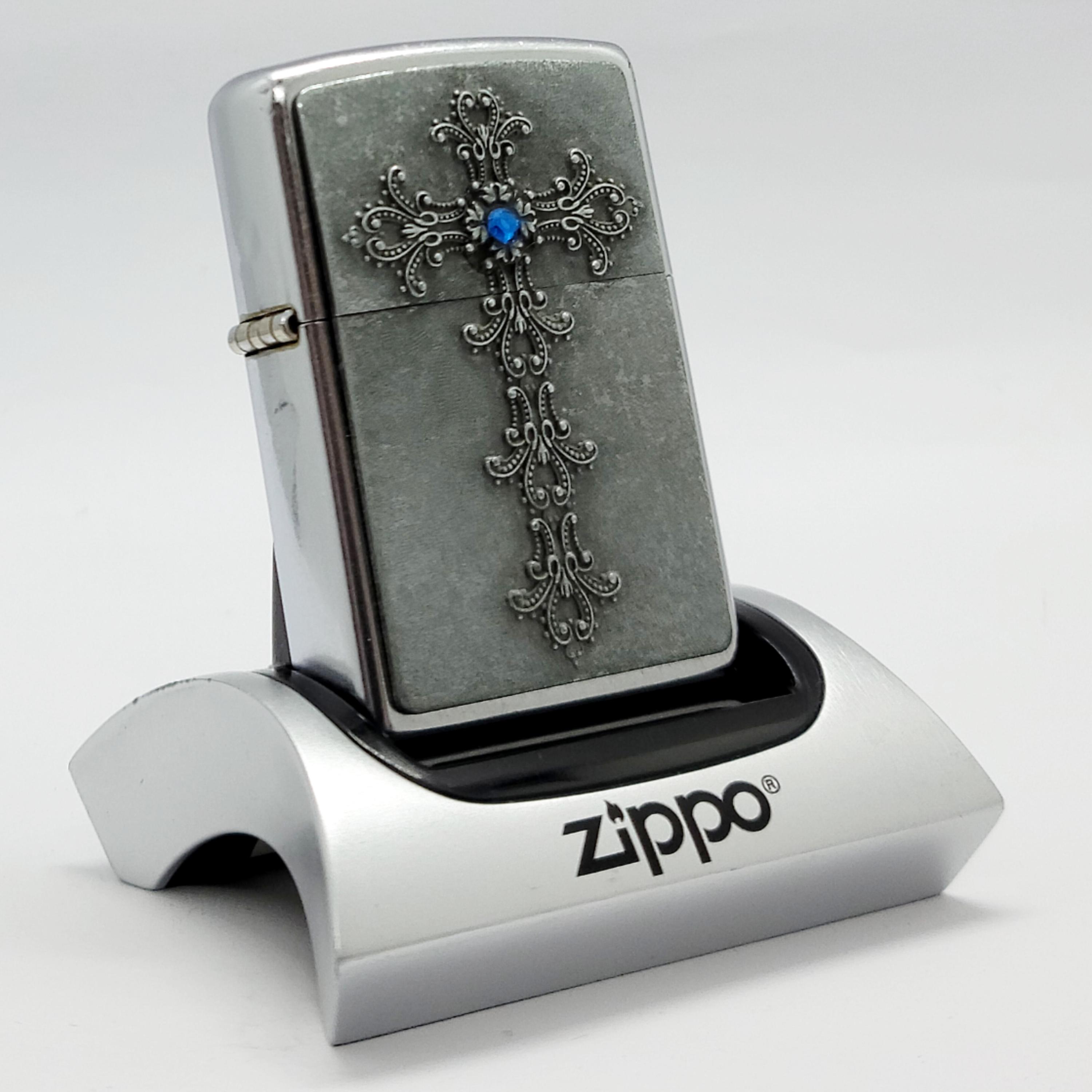 Vintage 2003 Zippo Gothic Cross Lighter Blue Swarovski Crystal Box