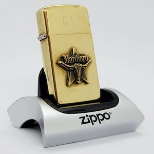 Vintage 1992 Zippo Marlboro Longhorn Bull Texas Star Slim Solid Brass Lighter Collectible Memorabilia