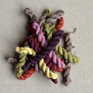 May include: A collection of small, twisted skeins of embroidery thread in a variety of colors including muted brown, olive green, bright yellow, deep purple, magenta, and burnt orange, arranged in a dense, overlapping cluster.