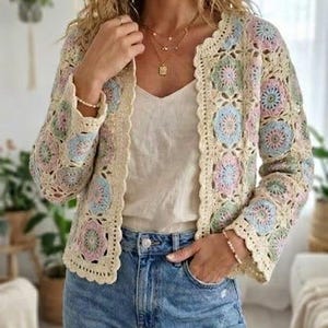 Cárdigan floral de abuela hecho a mano - Chaqueta de crochet estilo bohemio pastel - Estilo vintage