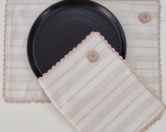 Tovaglietta americana in lino/uncinetto fatto a mano con dettagli, 2 pezzi/accessorio vintage/per la cena